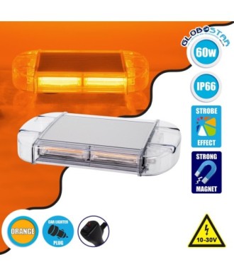 GloboStar® 85177 PRO Series Φάρος Σήμανσης Οχήματος Οδικής Βοήθείας για Αυτοκίνητα & Φορτηγά 6 Προγραμμάτων Φωτισμού STROBE LED COB 60W DC 10-30V Αδιάβροχος IP66 Πορτοκαλί